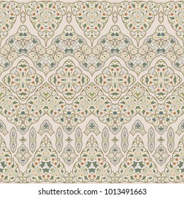 Seamless ethnic patterns for border. Repeated oriental motif for fabric or paper design. Colored frieze in Arabic style.