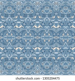 Seamless ethnic patterns for border. Repeated oriental motif for fabric or paper design. Colored frieze in Arabic style.