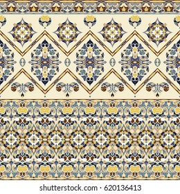 Seamless ethnic patterns for border. Repeated oriental motif for fabric or paper design. Colored frieze in Arabic style.