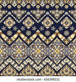 Seamless ethnic patterns for border. Repeated oriental motif for fabric or paper design. Colored frieze in Arabic style.