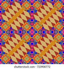 Seamless ethnic patterns for border in yellow, beige and red colors. Vector repeated oriental motif for fabric or paper design.