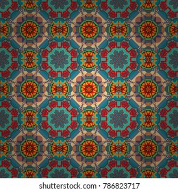 Seamless ethnic patterns in green, blue and pink colors. Vector repeated oriental motif for textile, fabric or paper design.