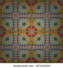 Seamless ethnic patterns in orange, beige and blue colors. Vector repeated oriental motif for textile, fabric or paper design.