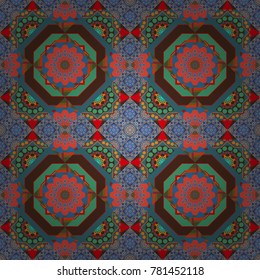 Seamless ethnic patterns in pink, blue and brown colors. Vector repeated oriental motif for textile, fabric or paper design.