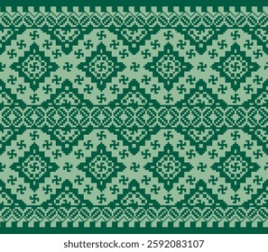 Seamless Ethnic Pixel Art Pattern – Traditional Thai and Southeast Asian Textile Design in Green Tones
