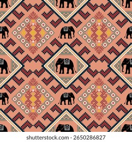 Seamless Ethnic Pixel Art Pattern with Decorative Elephants and Geometric Diamond Motifs in Traditional Folk Style, Cultural Textile Inspired Design for Fabric, Wallpaper, and Creative Projects