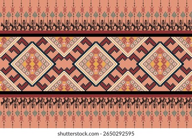 Seamless Ethnic Pixel Art Pattern with Geometric Diamond Motifs, Ornamental Borders, and Human Figures in Traditional Folk Style, Cultural Textile Inspired Design for Fabric, Wallpaper, and Crafts