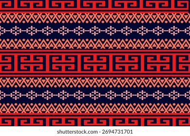 Patrón de rayas étnicas sin fisuras. Motivo clave griego rojo y Formas geométricas de color melocotón-naranja sobre un fondo azul oscuro.