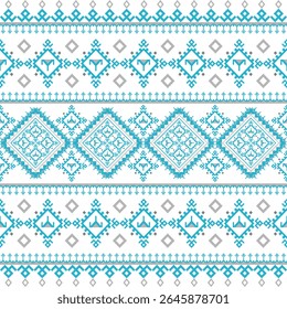 Seamless ethnic textile pattern in blue and gray tones, inspired by traditional weaving from Southeast Asia. Perfect for fabric prints, wallpapers, and cultural designs.