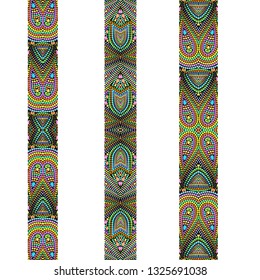 Seamless ethnic texture with dots. Colorful geometric pattern . Vector set of 3. White  background. Use for embroidery, braid, tape, ribbon.