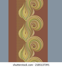 Seamless ethnic texture with dots. Colorful geometric pattern . Vector clipart. Gray  background. Use for embroidery, braid, tape, ribbon.