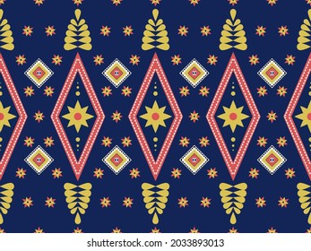 Impresionante patrón étnico tradicional como el estilo geométrico del triángulo del diamante con estrella floral. Patrón en color de blanco rosa amarillo azul. Para alfombra vectorial de fondo de tela.