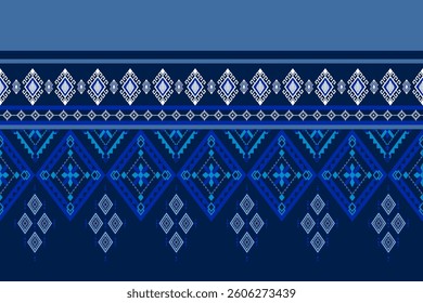 A seamless ethnic traditional textile pattern with elegant geometric diamond motifs in varying shades of blue. Perfect for fabric, wallpaper, and digital backgrounds.