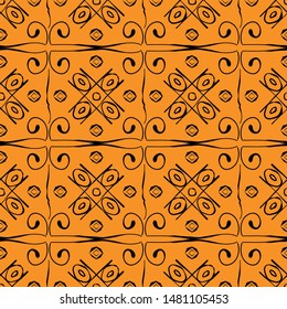 Seamless ethnic and tribal geometric pattern vector repeat pattern. Mustard background, black decoration, Handmade. Use on textiles, paper, stationery, fabric.