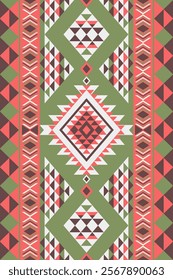 Seamless Ethnic Tribal Geometric Pattern with Diamond and Triangle Shapes in Red, Green, and White. Native Geometric Textile, Aztec Tribal Print with Symmetrical Motifs. Vector illustration. 