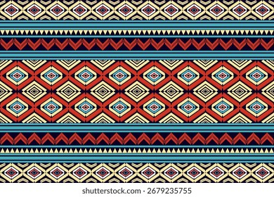 Nahtloses ethnisches geometrisches Stammesmuster mit Diamantformen in Rot-, Blau- und Beigetönen. Traditionelles, von einer Katze inspiriertes Textildesign für Stoff, Tapete, Hintergrund und Dekoration