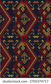 Patrón geométrico tribal étnico sin fisuras Zigzag Diamond Motif Fondo azul oscuro rojo amarillo