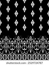 Seamless ethnic tribal pattern Abstract lines of white swirled flowers on a black background.