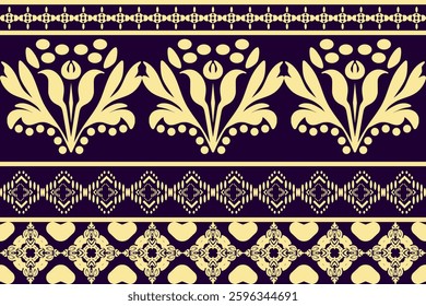Seamless ethnic or tribal pattern featuring horizontal bands of intricate motifs, alternating between geometric and floral-inspired elements designs for fabric