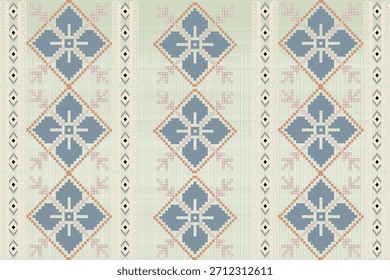 Un patrón tribal étnico sin costuras con suaves tonos beige, azul apagado y marrón cálido inspirado en los textiles tejidos tradicionales. Los motivos repetitivos de diamantes y los detalles artesanales de estilo puntada crean