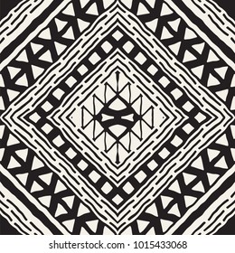 Seamless ethnic and tribal pattern. Hand drawn ornamental stripes. Black and white print for your textiles. Vector geometric background.