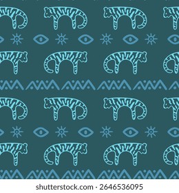 Seamless ethnic, tribal pattern with hand-drawn tigers, eyes, suns, and geometric shapes. Blue folk art style on dark background. Ideal for textile, wrapping paper, and decorative design.