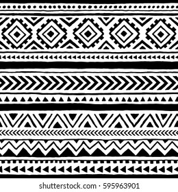 Seamless ethnic and tribal pattern. Handmade. Horizontal stripes. Black-and-white print for your textiles. Vector illustration.