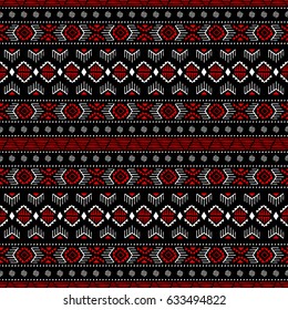 Seamless ethnic and tribal pattern. Handmade. Horizontal stripes. Black, white and red print for your textiles. Vector illustration.