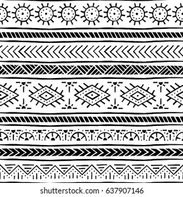 Seamless ethnic and tribal pattern. Handmade. Horizontal stripes. Black and white print for your textiles. Vector illustration.