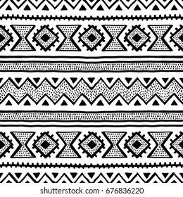 Seamless ethnic and tribal pattern. Handmade. Horizontal stripes. Black and white print for your textiles. Vector illustration.