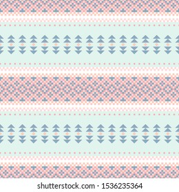 Seamless ethnic tribal pattern. Horizontal pastel light blue and pink stripes. Boho textile print.