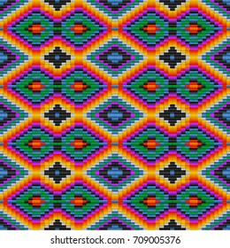 Seamless ethnic tribal pattern in Mexican and Peruvian colors, imitating yarn and woven fabric
