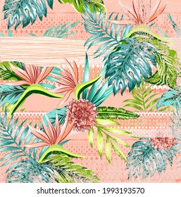 Seamless ethnic tribal pattern with palm leaves and tropical foliage. Perfect pattern for textiles and decoration