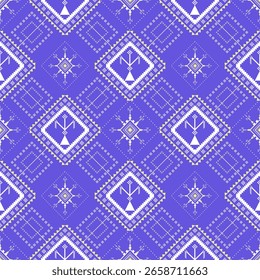 Seamless ethnic tribal pattern in violet and white tones. Inspired by traditional Southeast Asian textile designs, this geometric illustration is perfect for fabric, wallpaper, and decorative use