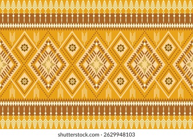 A seamless ethnic tribal pattern in warm golden and brown tones. Featuring geometric diamond shapes and ornamental details inspired by traditional textiles, this design is perfect for fabric prints.