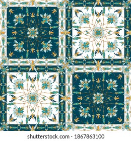 Seamless ethnic turkish mosaic tile pattern with floral motifs - Colorful ottoman square paisley flower scarf vector print