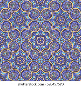 Seamless ethnic vector background with round floral and geometric ornament. Luxury embellished pattern executed in Portuguese or Moroccan style.