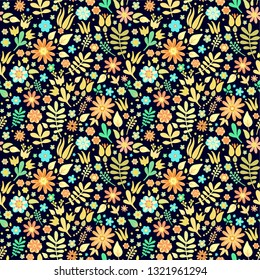 Seamless ethnic vector floral pattern with colorful stylized flowers on yellow - golden background 