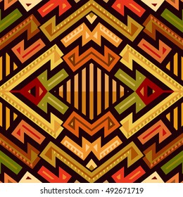 Seamless Ethnic Vector Pattern for Textile Design. Mix of Triangles, Stripes and Rhombuses. Green, Yellow and Brown Shapes on Black