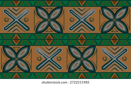 Patrón de Vector étnico sin fisuras con motivos populares tradicionales. Abstractas diseño geométrico con flores estilizadas, Formas X y triángulos. Colores de tonos tierra (marrón, verde, ocre) adecuados para textiles boho, impresiones de tela, Fondo de pantalla, alfombra y fondo de papel de envolver