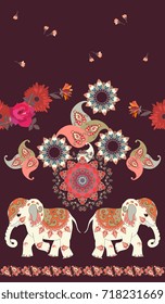Seamless ethnic vintage pattern with cute cartoon indian elephants, mandala, flowers and paisley ornament on dark brown background. Retro vector illustration.
