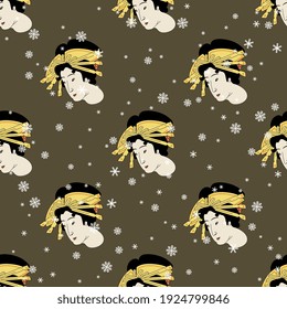 Seamless ethnic winter pattern with heads of Japanese woman and snowflakes. Traditional vintage style.