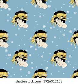 Seamless ethnic winter pattern with heads of Japanese woman and snowflakes. Traditional vintage style.