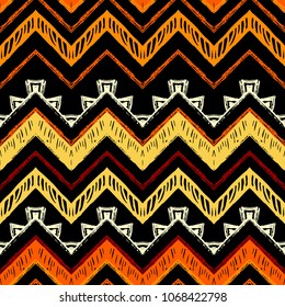 Seamless ethnic zigzag chevron pattern. Hand drawn colorful geometric background. Striped tribal motifs. Vector illustration