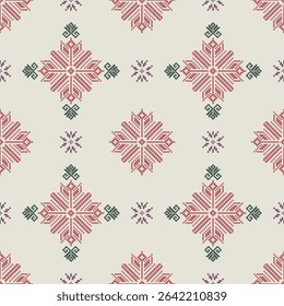 Seamless ethnic-inspired cross-stitch pattern. Traditional pixel embroidery in red, green, and purple on cream background. Perfect for textiles, crafts, and digital design.