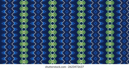 Seamless Ethnic-Inspired Geometric Pattern in Blue and Green Tones