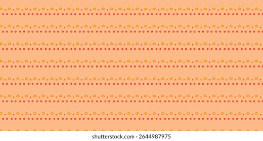 Padrão étnico-inspirado contínuo com pontos geométricos laranja e vermelho em um fundo de pêssego. Ideal para tecido, papelaria e arte digital. 