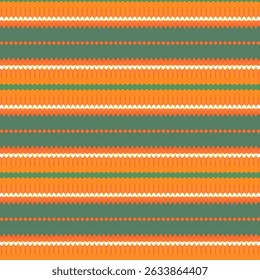 Seamless ethnic-style pattern with geometric stripes in warm orange, green, and white tones.