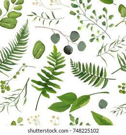 Seamless eucalyptus greenery green fern leaves botanical, rustic pattern. Vector floral watercolor style design: forest leaf, herbs berries. Nature Wallpaper, natural texture, trendy print, background