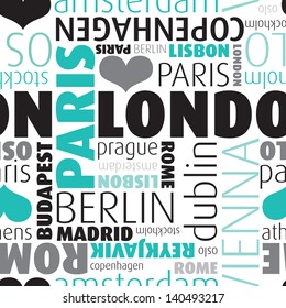 Seamless europe city capitals typography background pattern in vector on white